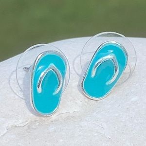 Thong sandals flip flops earrings slippahs silver tone turquoise enamel studs